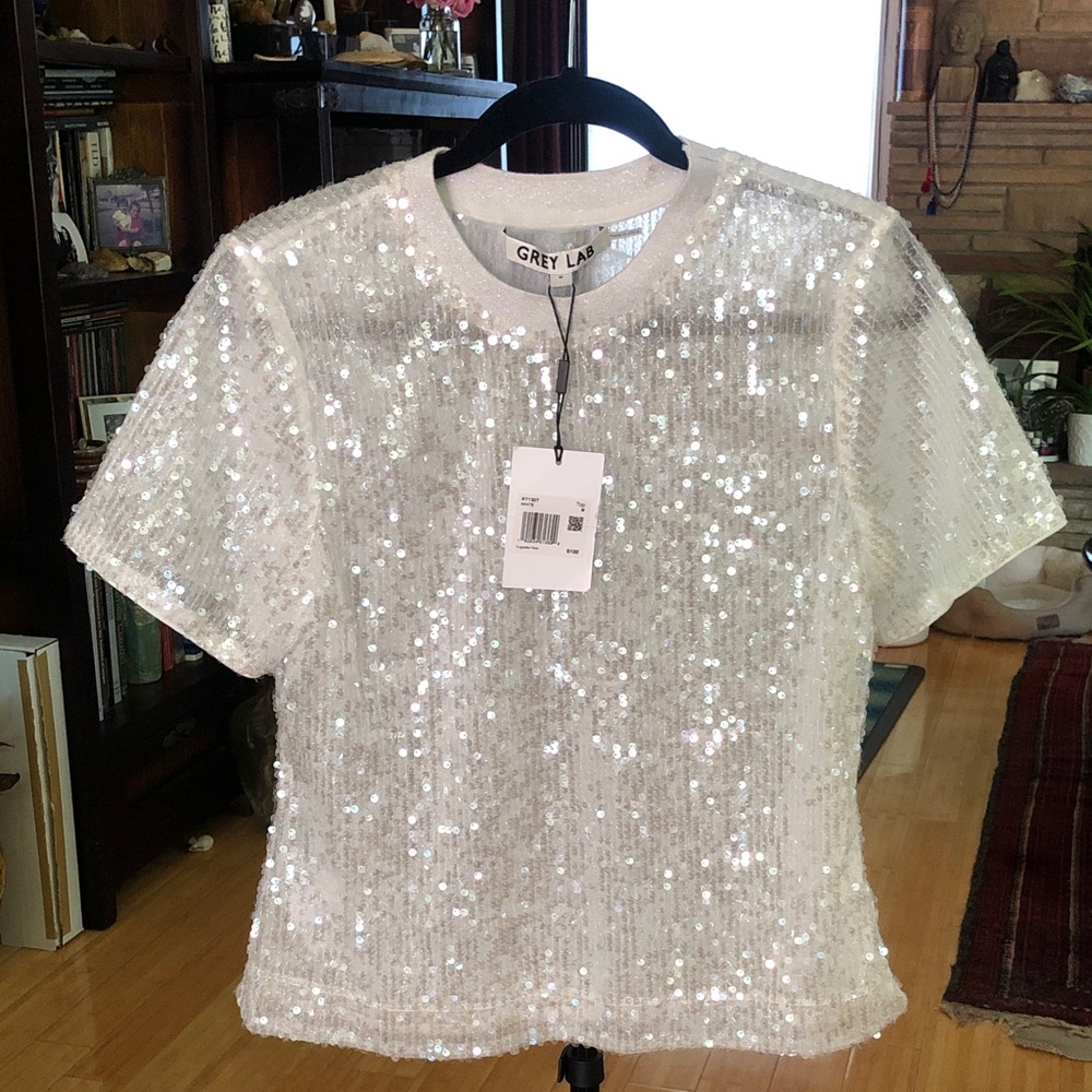 GREY LAB White Sequin Short-Sleeve Crewneck Top